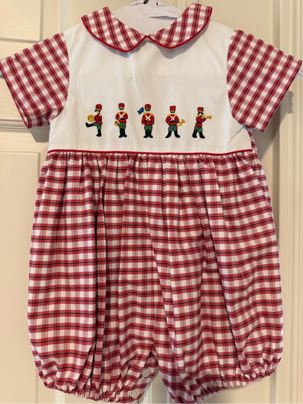 Charlotte sy Dimby Red Plaid Smocked Toy Soldier Bubble Romper
